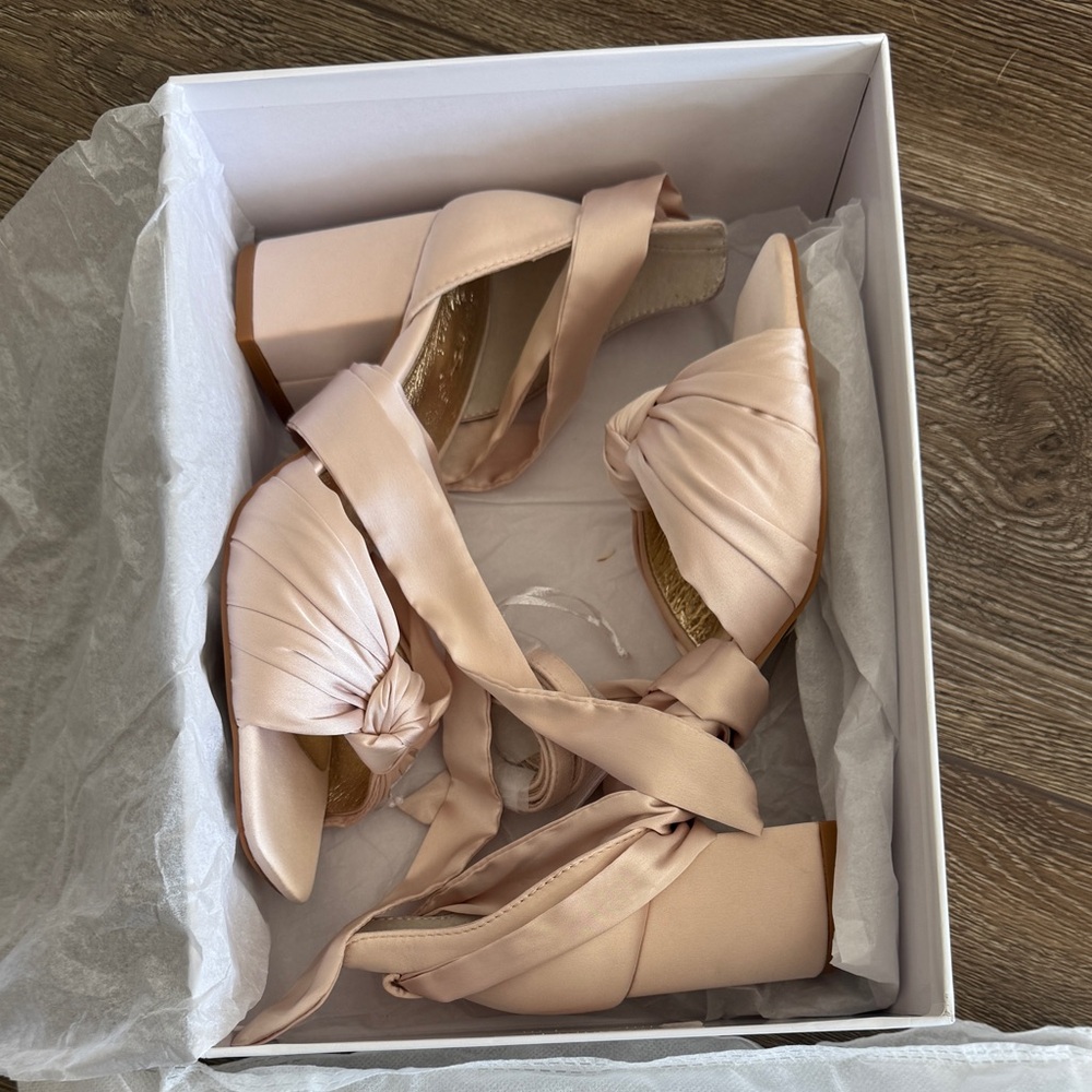 NWT! Nude Satin Wrap Wedding or Bridal Sandal Heel Size 37/6.5-7 - comfortable!